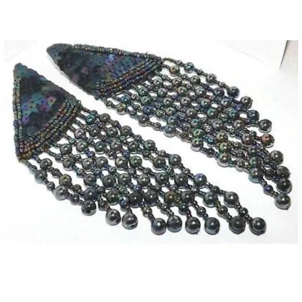 Vintage 80s Glass Beaded Iridescent Peacock Fringe Statement Runway Earrings 6